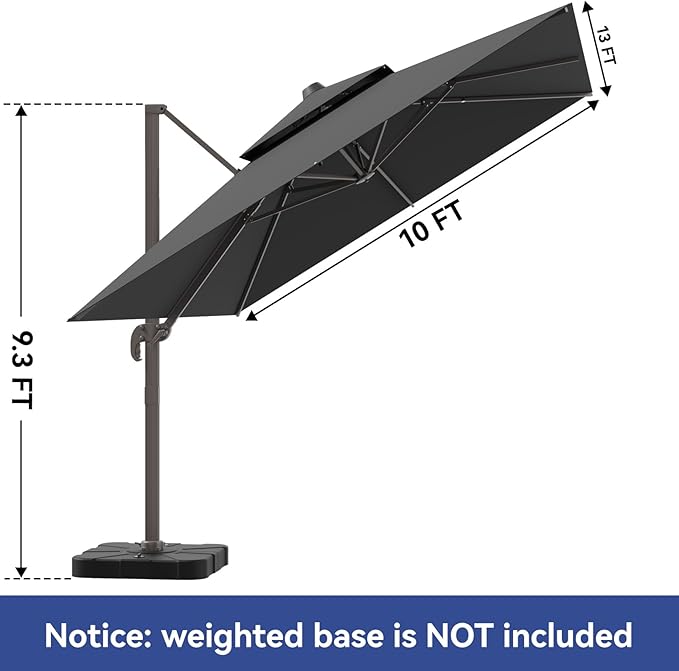 10x13FT Cantilever Outdoor Patio Umbrellas, Double Top Large Rectangle Umbrella - Image 9
