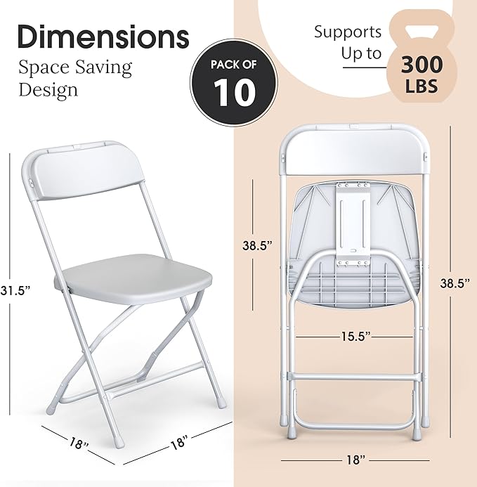 10 Pack Foldable Plastic Chair | Folding & Stackable | 350 lbs Capacity Steel - Image 2