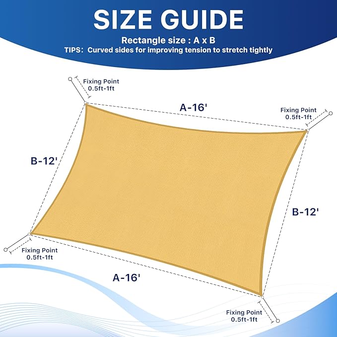 12'x16' Sun Shade Sail, UV Protection Outdoor Shade, Curved Tear Resistant - Image 2