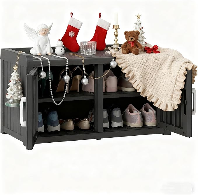 2-Tier Storage Bench, Waterproof UV-Resistant Outdoor Shoe Storage Cabinet by NBYSGO