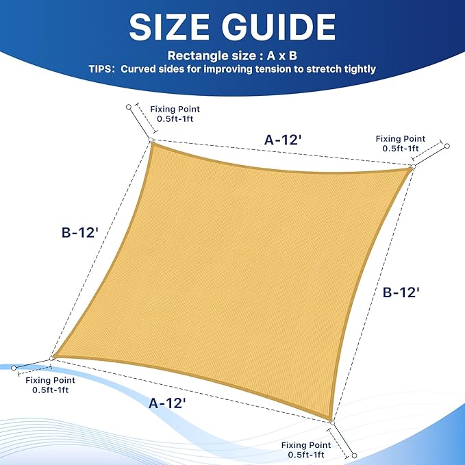 12'x12' Sun Shade Sail, UV Protection Outdoor Shade, Curved Tear Resistant - Image 2