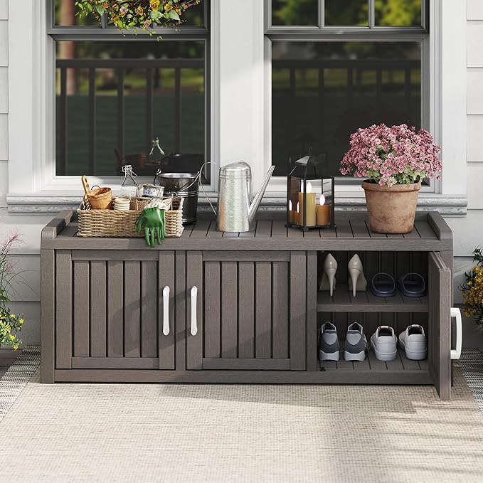 2-Tier Storage Bench, Waterproof UV-Resistant Outdoor Shoe Storage Cabinet - Image 2