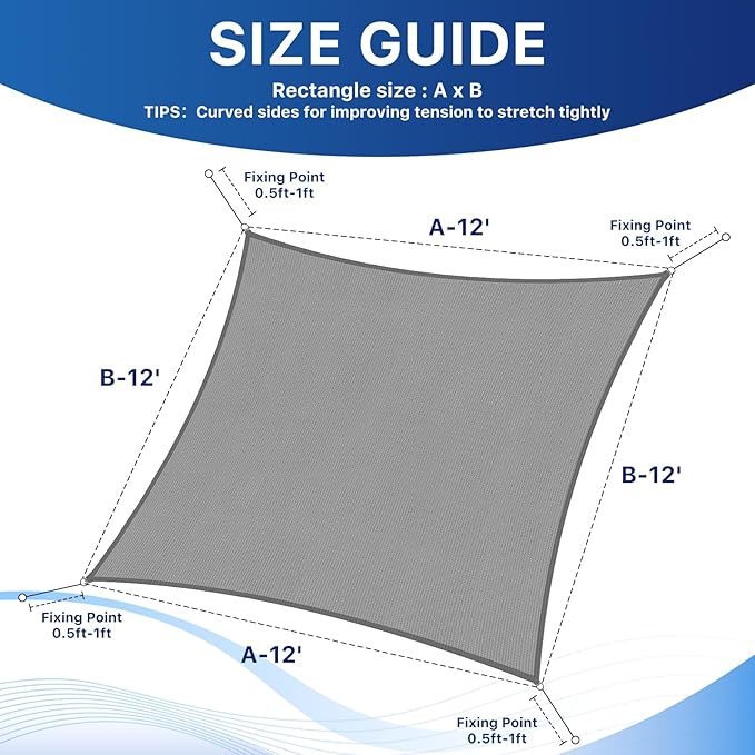 12'x12' Sun Shade Sail, UV Protection Outdoor Shade, Curved Tear Resistant - Image 2
