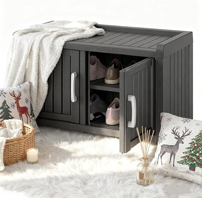 2-Tier Storage Bench, Waterproof UV-Resistant Outdoor Shoe Storage Cabinet by NBYSGO