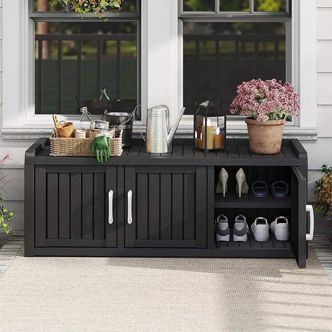 2-Tier Storage Bench, Waterproof UV-Resistant Outdoor Shoe Storage Cabinet - Image 2