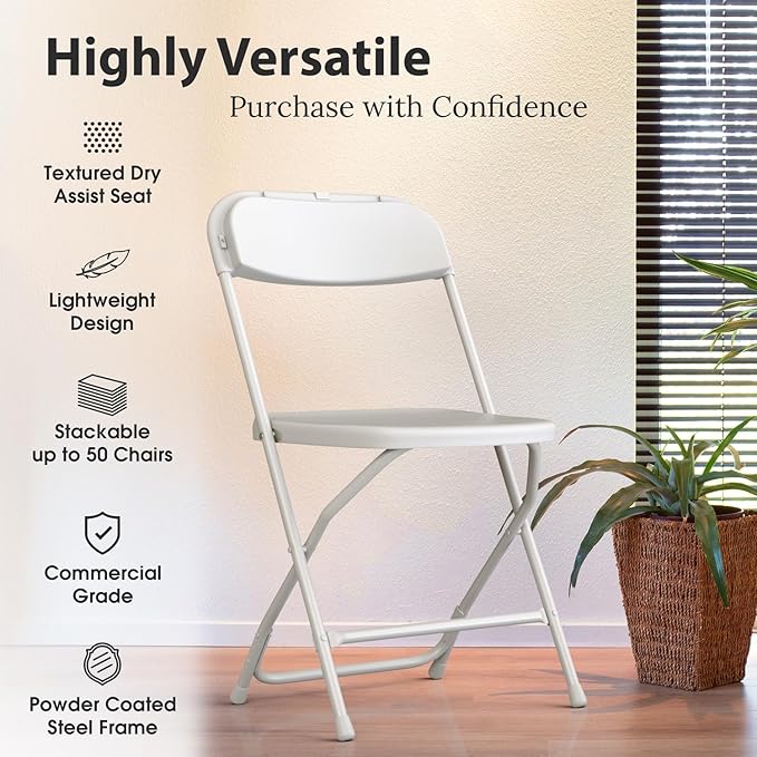 10 Pack Foldable Plastic Chair | Folding & Stackable | 350 lbs Capacity Steel - Image 3