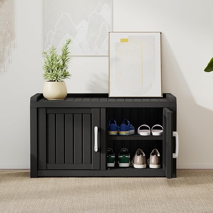 2-Tier Storage Bench, Waterproof UV-Resistant Outdoor Shoe Storage Cabinet - Image 2