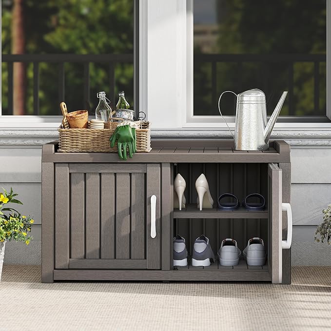 2-Tier Storage Bench, Waterproof UV-Resistant Outdoor Shoe Storage Cabinet - Image 2