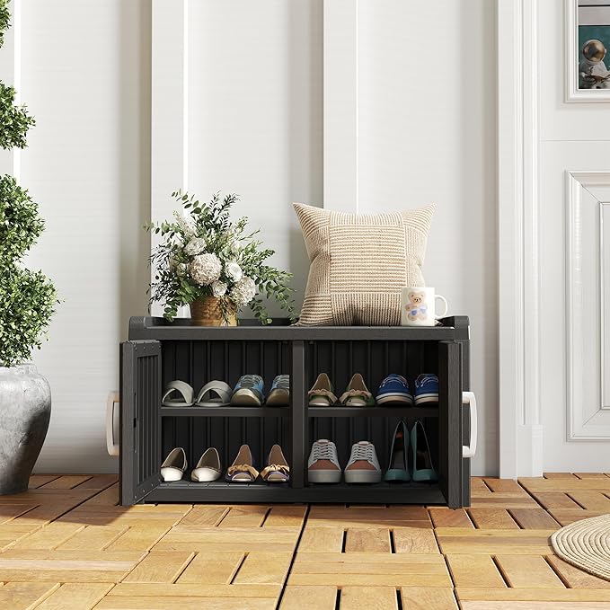 2-Tier Storage Bench, Waterproof UV-Resistant Outdoor Shoe Storage Cabinet - Image 2