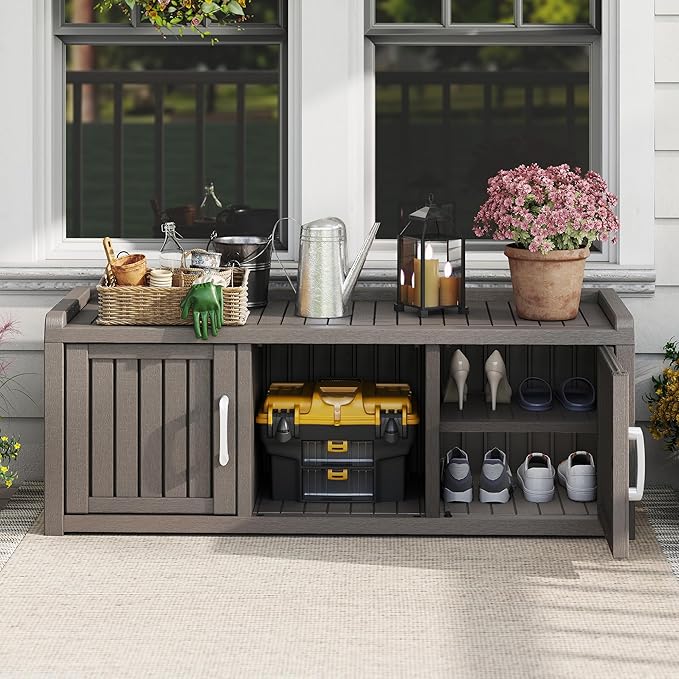 2-Tier Storage Bench, Waterproof UV-Resistant Outdoor Shoe Storage Cabinet - Image 2